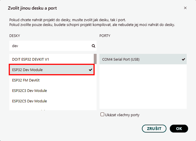 TTGO volba desky